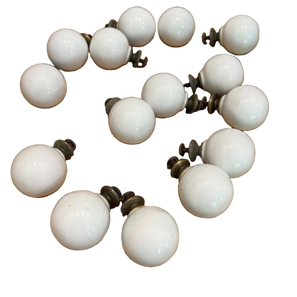 Antique ROUND WHITE PORCELAIN KNOBS Dressers/Cabinets 1  1/4" w/screws Lot of 15
